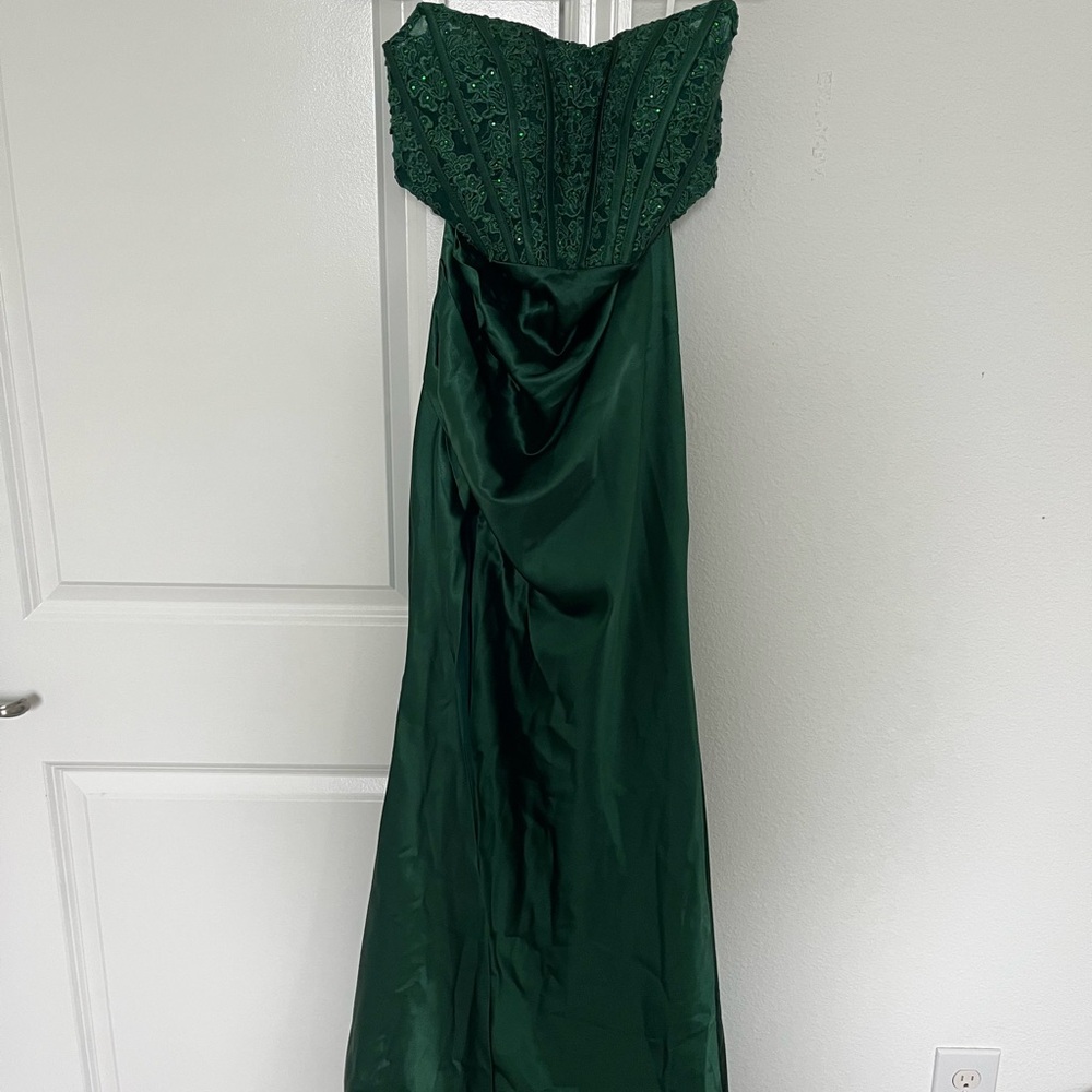 Dark green strapless prom dress with slit